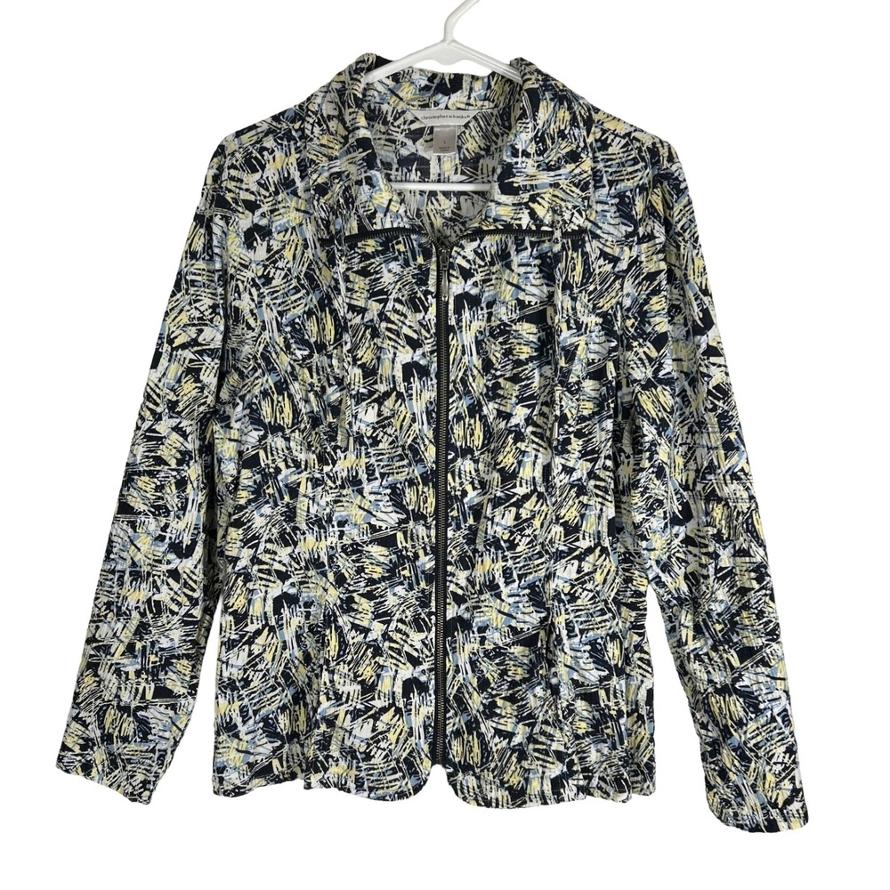 Christopher & Banks Womens Large Yellow Blue‎ Abstract Zip Up Jacket Pockets